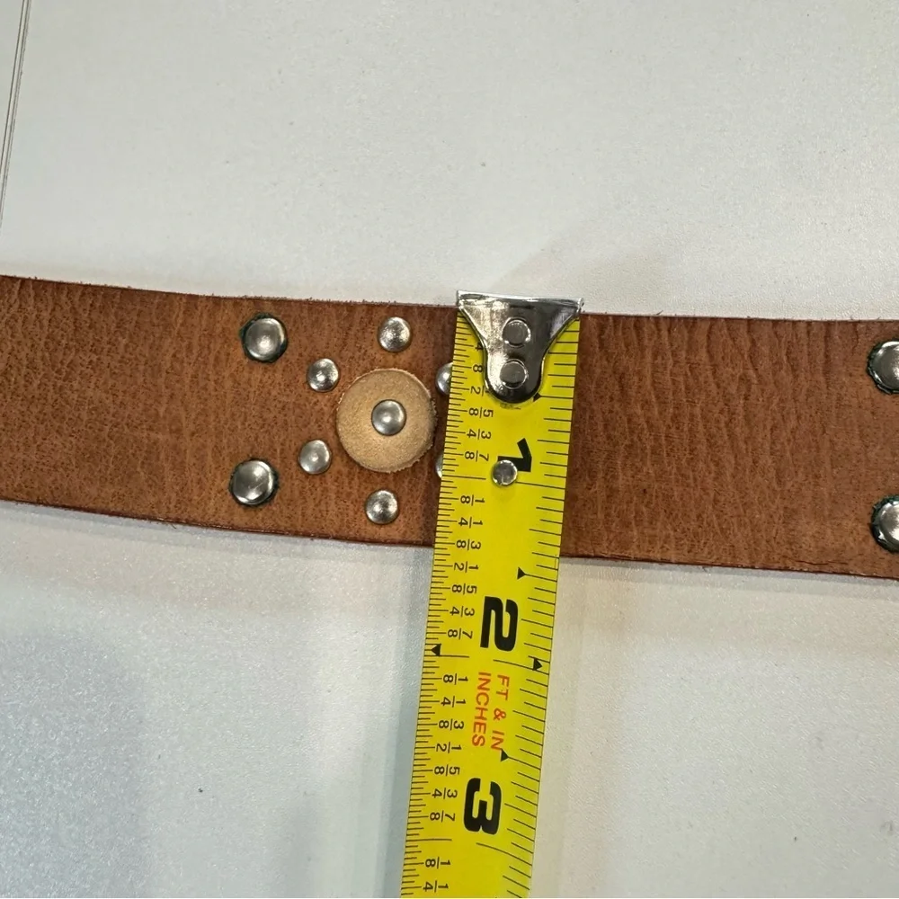 Calvin Klein Studded Leather Belt | Brown Western Boho | Silver Buckle XL